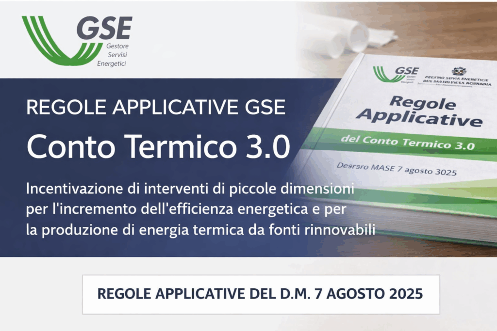 Regole Applicative Conto Termico 3.0 del GSE – Decreto MASE 7 agosto 2025, incentivi per efficienza energetica e fonti rinnovabili.